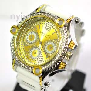 NEW ICED MENS TECHNO KING KHALIFA WATCHES GOLD FACE w WHITE BAND 