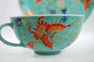 CHINESE NYONYA NONYA WARE TURQUOISE EXOTIC BIRD BUTTERFLY LOTUS CUP 