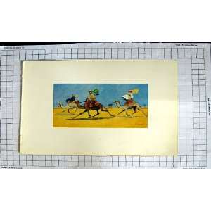    1908 Colour Print Desert Scene Camels Racing People