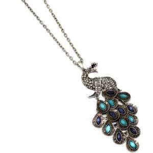   NECKLACE   Silver Burnish Tone Peacock Bird Crystal Necklace Jewelry