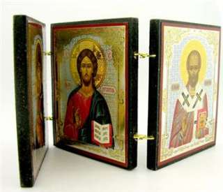 triptych Christ Virgin Mary St Nicholas Russian Icon  