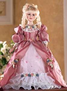 Victorian Porcelain Doll 18H,w Umbrella,Rose Dress,Gorgeous,NIB
