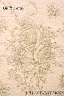 BALLARD FRENCH COUNTRY SAGE GREEN & IVORY TOILE F/QUEEN QUILT SET 