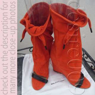  BALENCIAGA A/W Designer Orange Suede Leather Open Toe Mid Calf Boots 