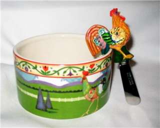 Jim Shore Barnyard Ceramic Bowl + Free Rooster Spreader Knife NEW 