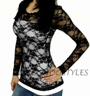 Floral long sleeves Basic Tank shirt top Sheer Lace SML  