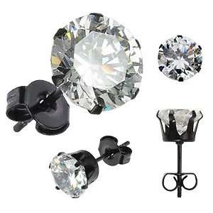  Black Plated Stud Earrings Set with Round Cut Zirconia 