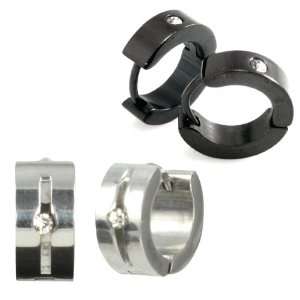   Steel Couples Black and Silver Cubic Zirconia Huggie Hoop Earrings Set
