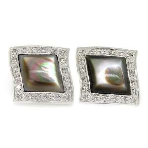  Shimmery Lozenge Earrings w/Black MOP & White CZs: Jewelry