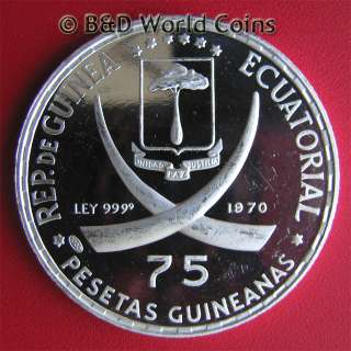 GUINEA EQUATORIAL 1970 75 PESETAS SILVER PROOF LINCOLN 36mm LOW MINT 