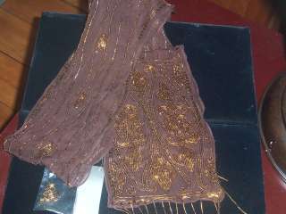 Ladies Chocolate Brown Silk Dress Scarf Bronze Beaded Embroidery 