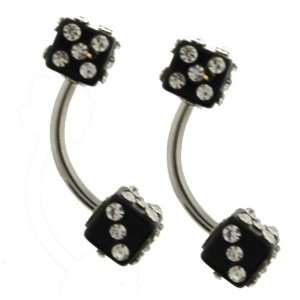  Acrylic Black Dice Eyebrow with Crystals   16G Stainless 