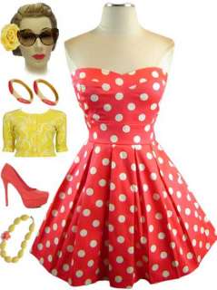 50s Style CORAL w/White POLKA DOTS Sweetheart Bust STRAPLESS PINUP Sun 