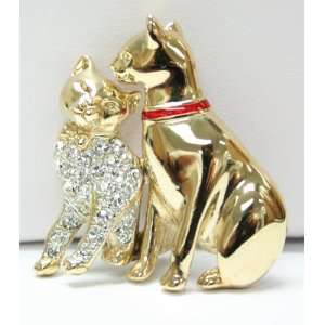   Gold Plated Cubic Zirconia Friendly Cat Pin   Fashion Brooch Jewelry