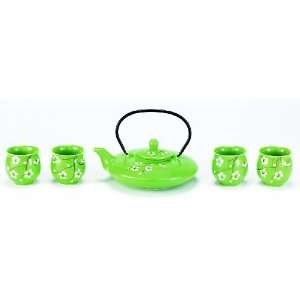  Tea Set Porcelain, Bright Green with Cherry Blossom Design 