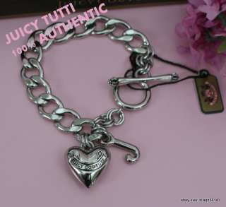 Juicy Couture Silver Puff Heart Starter Iconic J Charm Toggle Bracelet 