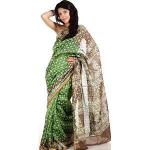 Peridot and Tapenade Chanderi Sari with Block Printed Bootis   Pure 