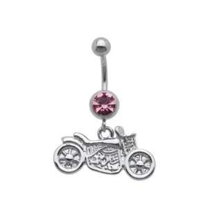   Motorcycle Stainless Steel Dangle Belly Ring   Pink: Automotive