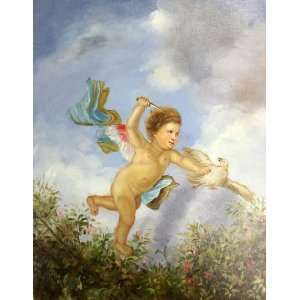  ANGEL / CHERUB Chasing Bird with Knife Oil Painting on 