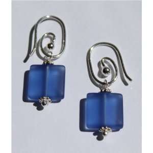  Cobalt Beach Glass Sterling Silver Spiral Earrings 