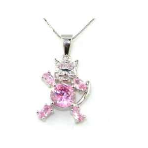 High Quality Solid Sterling Silver Cartoon Cat Pendant set with Pink 