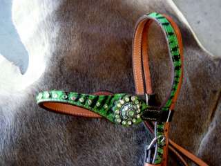 HORSE BRIDLE BREAST COLLAR WESTERN LEATHER HEADSTALL GREEN ZEBRA BLING 