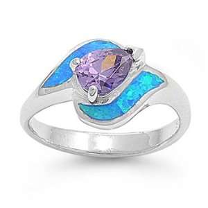  Sterling Silver Ring in Lab Opal  Blue Opal, Amethyst CZ   Ring 