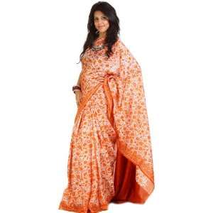 Ivory and Orange Suryani Sari from Mysrore with Floral Print   Pure 
