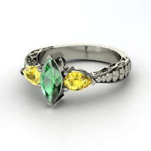Hearts Summit Ring, Marquise Emerald 18K White Gold Ring with Yellow 
