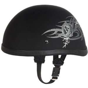   Black & Silver Rose Skull Cap Novelty Motorcycle Half Helmet [Small