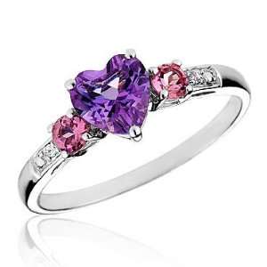   Amethyst, Created Pink Sapphire and Diamond Ring   Size 6.5: Jewelry