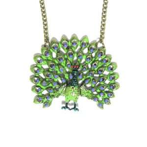 Peacock Necklace Blue Green Feathers Vintage Exotic Bird of Paradise 
