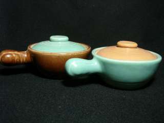 USA POTTERY CHILI BOWLS BLUE & BROWN WITH SIDE HANDLES  