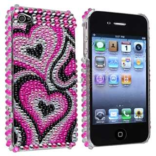 Heart Bling Case Skin Cover+Privacy Film Accessory Bundle For iPhone 4 