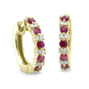  Natural Ruby and Diamond Hoop Earrings in 14k Yellow Gold 