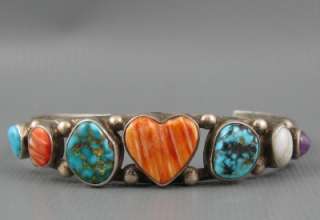 Old Navajo Sterling Spiny Oyster Heart Turquoise Shell Bracelet Signed 