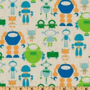  54 Wide I Heart Linen Blend Cute Bots Blue Fabric By The 