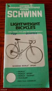 SCHWINN LIGHTWEIGHT BICYCLE OWNERS OWNERS MANUAL 1982  