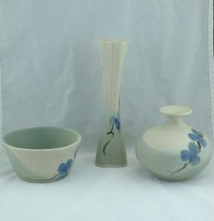 Vintage FOLLETTE ART POTTERY Celedon Bowl + 2 Vases  