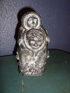 Wolf Original Soapstone Eskimo/Inuit Child Piggyback Sculpture (w 