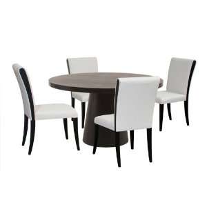   ROUND PEDESTAL DINING TABLE W/ 4 TAUPE LEATHER CHAIRS BY DIAMOND SOFA