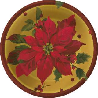Christmas DINNER PLATES Holiday Party Poinsettia Holly Berries Crimson 