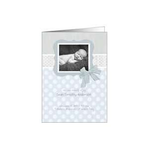 new baby boy birth announcement, photo card, grey, 3d effect ribbon 