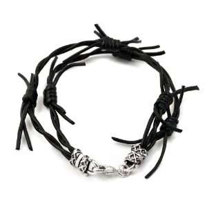  Double Barbed Wire Black Leather Bracelet Small: Jewelry