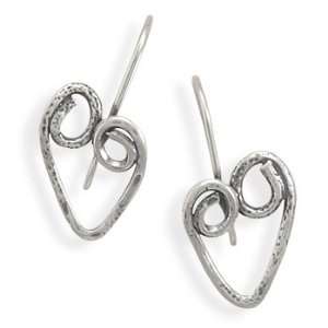   Oxidized textured sterling silver heart design wire earrings: Jewelry