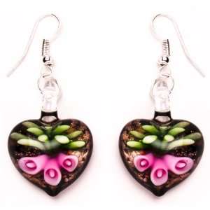  Bleek2sheek Murano inspired Glass Pink Lily Heart Earrings 