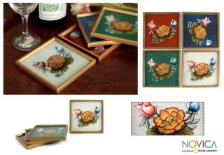 ROSES~~4 Reverse Painted Glass Coasters Set~~Peru Art  