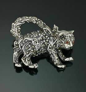   Sterling Silver Marcasite Cat Kitty Orange Stone Pin Curled Tail