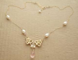 14k Gold Vintage French Double Snake Rose Quartz Pearl Necklace  