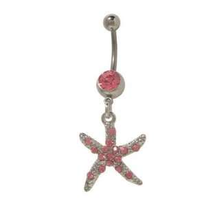  Dangler Star Fish Belly Ring with Pink Jewels: Jewelry
